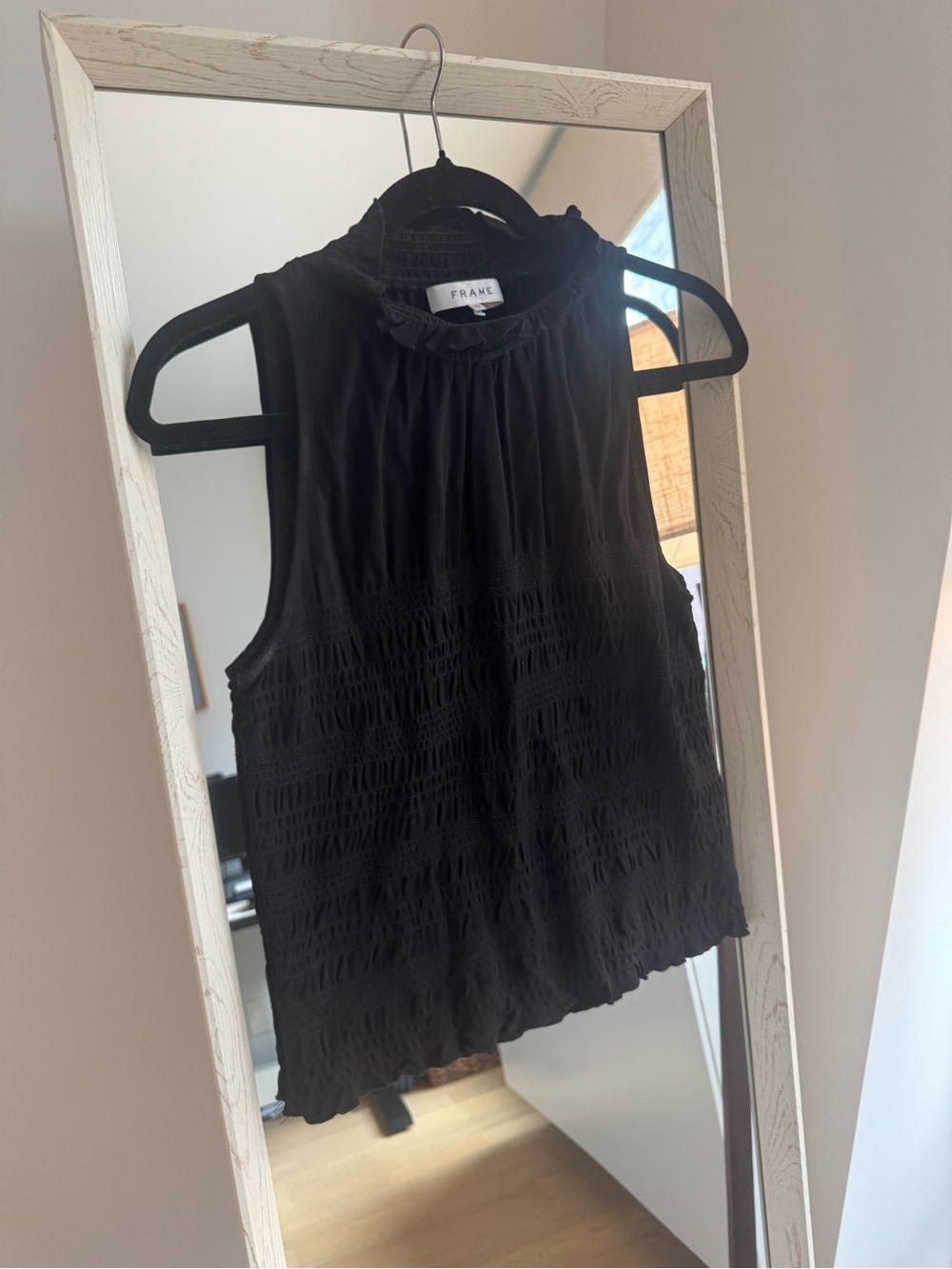 Frame Black Smocked Ruffle High-Neck Top